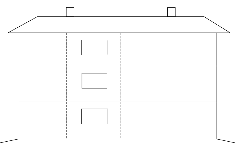 Afbeelding 1. Vergelijkbare ruimtes op drie overlappende verdiepingen.