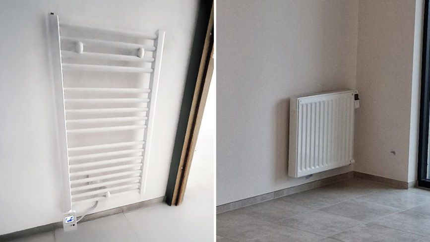 De elektrische badkamerradiator Flores met programmeerbare thermostaat en de Yali Digital Plus-radiator,
